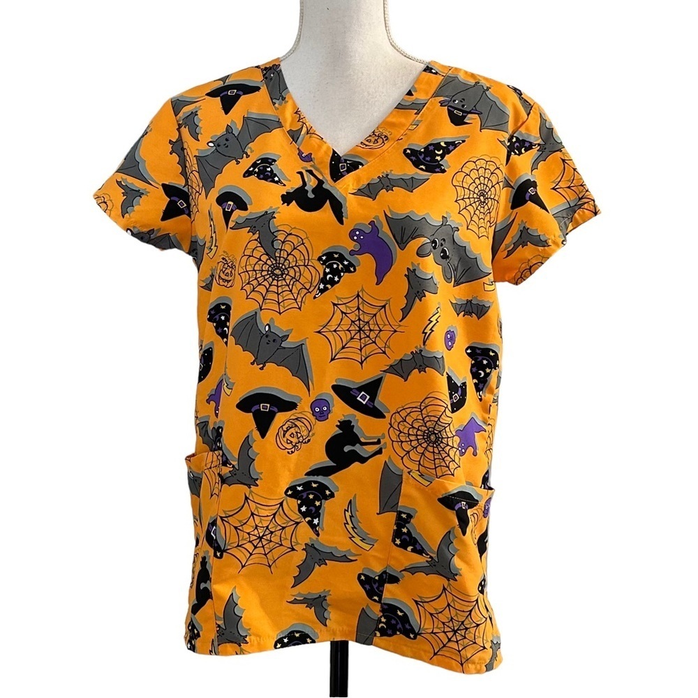 Green Town Halloween Medical Nursing‎ Foil Scrub Uniform Top Women’s SZ XS Fall